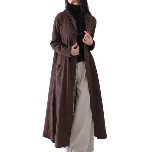 Women's Hooded Robe Coat Cotton Linen Blend Long Jacket Outerwear with Button Closure & Pocket4