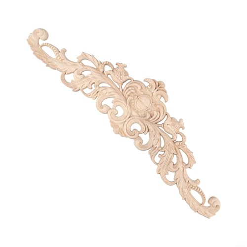 Applique d'angle en bois massif sculptée en forme de fleur non peinte pour décoration murale d'armoire de style européen (40 x 12 x 1 cm)
