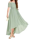 Haloumoning Vestido de niña con hombros descubiertos con volantes, vestido de verano para niños, línea A, monocolor, elegante, vestido de fiesta, boda, cumpleaños, festivo, verde, 10-12 años