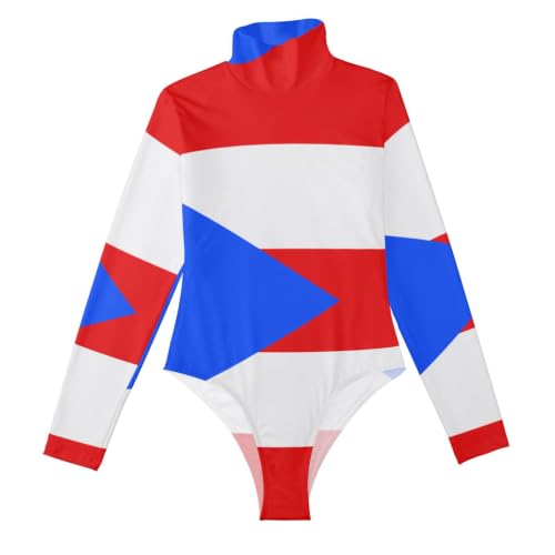 Body de manga larga con bandera de Puerto Rico y cuello alto falso de GuoChe para mujer