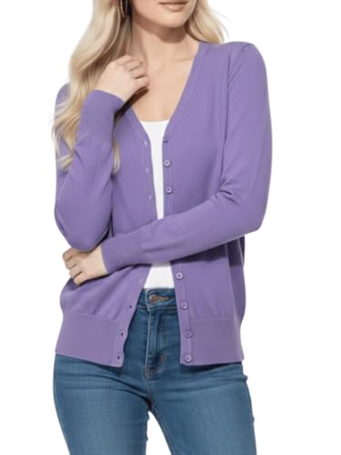 Image of YEMAK Women's Knit Cardigan Sweater - Long Sleeve V-Neck Basic Classic Casual Button Down Knitted Soft Lightweight Top