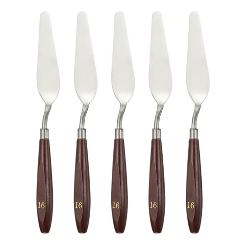 sourcing map 5pcs Palette Knife Painting Tool 3.74 x 1.1 Stainless Steel Art Spatula Pallet Knives Scrapers Tools with Beech Wood Handle for Acrylic Oil Canvas Mixing Spreading, Red/Silver