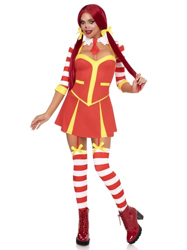 Déguisement clown ketchup robe jarretelles bas sans pieds et nœuds cheveux multicolore