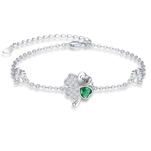 Pulsera tobillera de plata 925 con trébol de cuatro hojas y esmeralda creada brillante para mujer