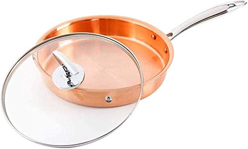 Sartén de cobre antiadherente de 28 cm con tapa de cristal y asa fría, sartén de cobre...