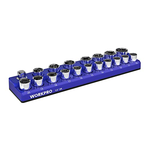 WORKPRO Magnetic Socket Organizer, 1/2-Inch Metric Socket Holder, Trays Hold 19 Standard and Deep Sockets 1/2" DR, Metric