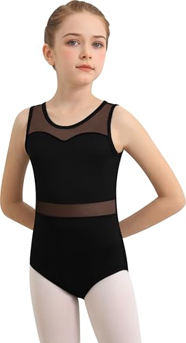 Sanmsoner Leotardo de baile para niñas para ballet, malla sin mangas, empalme de malla, espalda hueca de gota de agua, forro frontal completo, Negro -, 4-6 años