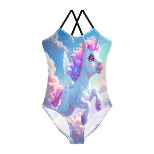 Bolaz Girls Swimsuits One-Piece Bathing Suits Multicolor Kids Sport Summer Beach Swimwear for 3-10 Years Old-Cartoon Cute Unicorn Clouds
