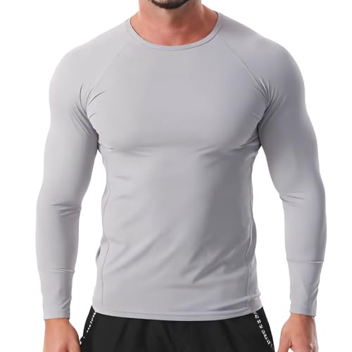 Mens Compression Shirts Long Sleeve Athletic Shirt Workout T-Shirts Sports Cool Dry Undershirts Base Layer Running Tops Grey