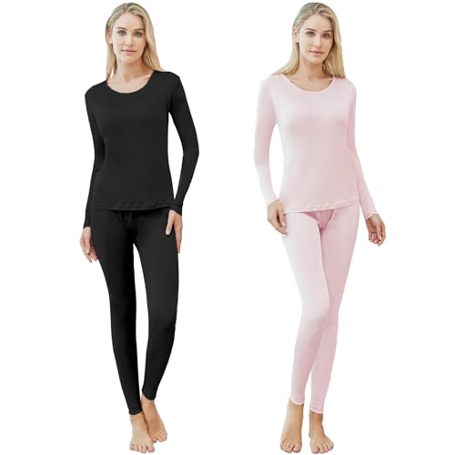 Panitay 2 Sets Women's Silk Thermal Underwear Set Mulberry Silk Long Base Layer Silk Pajamas Top Bottom Set for Winter
