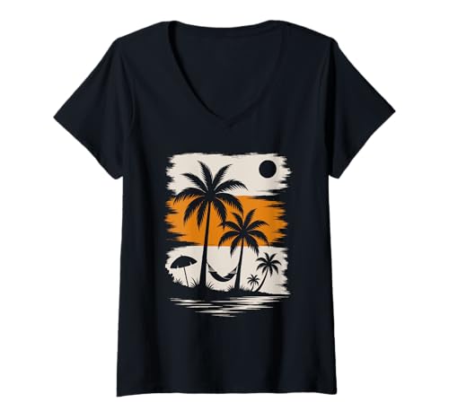 Femme Tropical Sunset Été Sentiments Palmier Plage Vacances T-Shirt avec Col en V