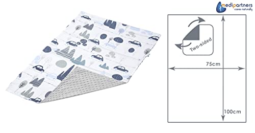 Medi Partners Baby Blanket Newborn Pram Soft 100% Cotton 75x100 Cot Toddler Comfort universal Cuddly Fluffy Crawling Plush bilateral Blankets (Retro Cars with grey Plush) - Image 3