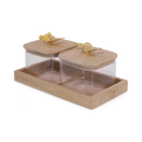 Image of HOME 360 Luxury Gold Horse-Drawn Carriage Spice & Dry Fruit Jar Set | 36X12X10CM | Metallic Chariot with 2 Ribbed Glass Containers | (Set of 2Jar)