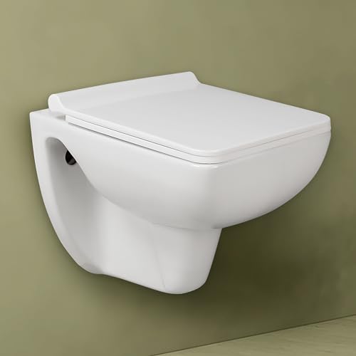 Image of Hindware Italian Collection Enigma Slim Wall Hung Western Commode for Bathroom | Made of Ceramic | P-230 Trap | Star Rated Water Saving | Soft Close | Star White | Geometric Shape | 10-Year Warranty