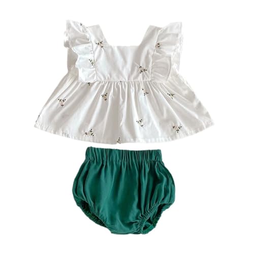 Baby Girl Summer White Embroidered Ruffle Sleeveless Top and Green Bloomers Set