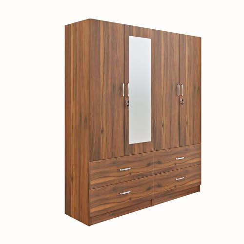 Image of VIKI Wardrobe | Wooden Almirah for 4 Door 4 Drawer with Shelves & Hanging Space Mirror Wardrobe (Brussel Walnut - 40D x 160W x 180.8H) | 1 Year Warranty | Free Assembly