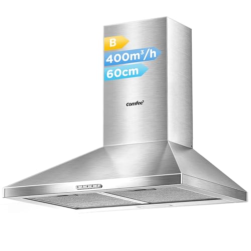 COMFEE 60 cm Chimney Cooker Hood Stainless Steel Extractor Hood with LED and Recirculating & Ducting System Wall Mounted Range Hood 600 mm Extractor Fan - Silver KWH-PYRA17SS-60