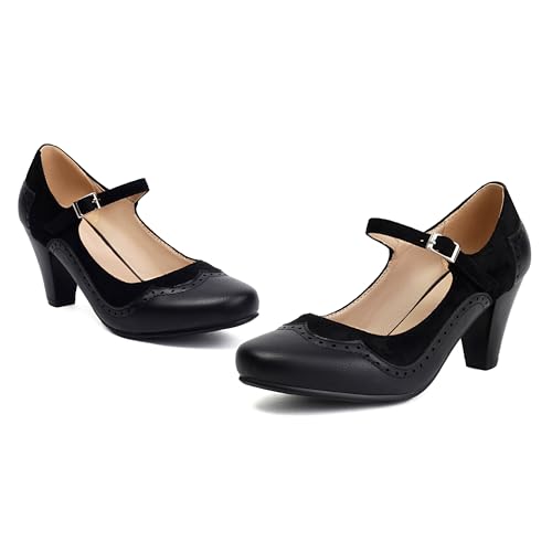 Image of Elerhythm Women's Mary Jane Classic and Retro 1920s Pump Heels Gatsby Oxford Pattern 1950s Pinup Vintage Round Closed Toe 1940s Ankle Strap Dress Shoes