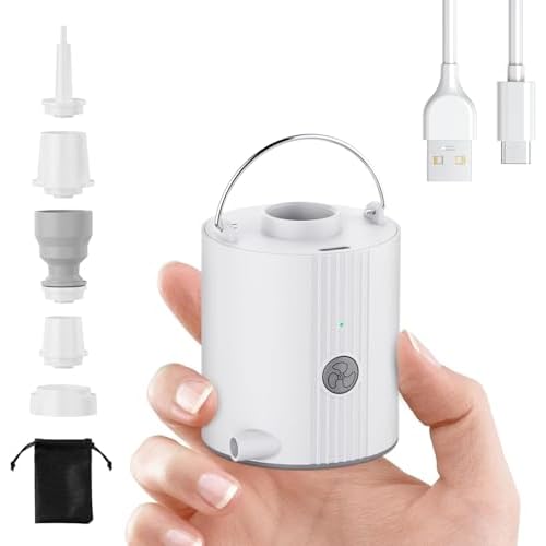 Portable Air Pump for Inflatables, MIni Electric Air Pump with 2000mAh Battery USB Rechargeable,Inflate Deflate for Camping, Pool Floats, Air Mattress, Swimming Ring, Vacuum Storage Bags Whi