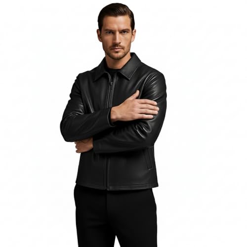 Image of Midnight Men's Premium Black Faux Leather Jacket with Front Zip Closure, Classic Collar, Sleek Minimal Design, Everyday Comfort and Timeless Style Fit