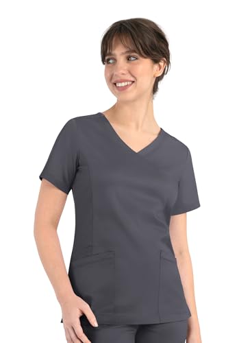 Maevn Matrix Curved Mock Wrap Stretchy Scrub Top (X-Large, Pewter)
