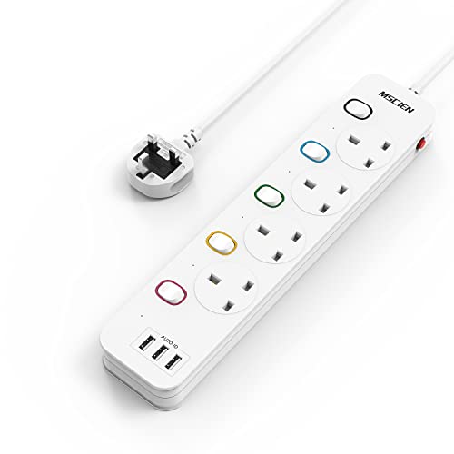 Mscien 3M Extension Lead with USB Slots, 4 Way 3 USB Extension Socket with Individual Switches Mountable Overload Ptotection Power Strips with 3Metre Extension cable 3250W