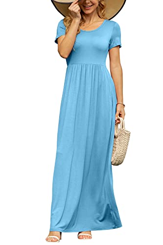 Image of DB MOON Womens 2026 Summer Maxi Dresses Casual Short Sleeve Empire Waist Spring Long Dress with Pockets