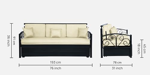 Image of 3 Seater Metal Sofa Cum Bed with Hydraulic Storage | Sofa Set for Living Room, Bedroom, Guest Room| Queen Size Convertible Sofa Bed | Comfortable Seating Sofa Cream & Black