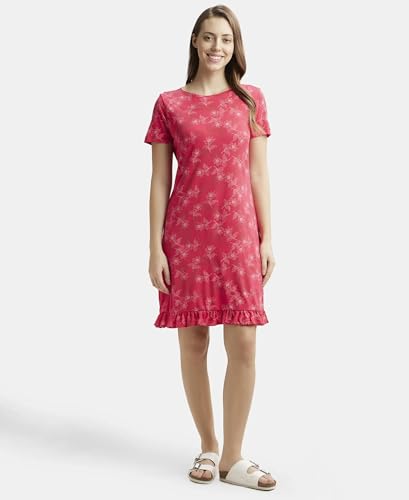 Image of Jockey RX25 Women Micro Modal Cotton Ruffled Hem Styled Half Sleeve Printed Sleep Dress (Colors & Prints May Vary)