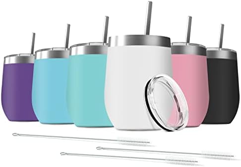 Deitybless 6 Pack 12 oz Stainless Steel Wine Tumbler with Lids, Double Wall Vacuum Insulated Travel Cup Including 6 Straws Set for Coffee, Cocktail, Drink, Tea and Beer(Assorted Colors)