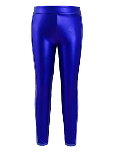 JanJean Kids Girls Elastic Waist Wet Look Shiny Metallic Leggings Sequins Patchwork Dance Long Pants Yoga Gym Sportwear Royal Blue 6 Years