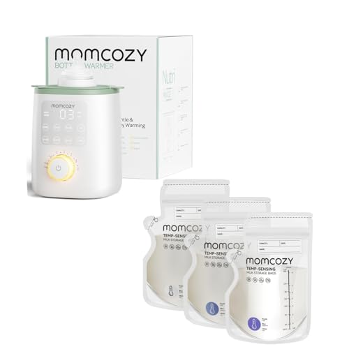 Image of Momcozy Retain Nutrients Bottle Warmer, 9-in-1 Baby Bottle Warmer with Night Light & Momcozy Easy Pour Breastmilk Storage Bag, 8Oz, Temp-Sensing Color Change