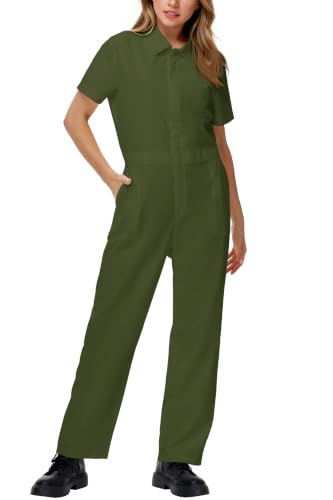 AOBUTE Womens Pilot Costume Halloween Army Green Flight Suit Short Sleeve Mechanic Classic Cosplay Onesie 2XL