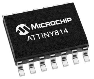 Microchip, ATTINY814-SSN, MCU - 8-bit AVR w/Hardware Multiplier - 20MHz - 8KB Flash - 512 Byte SRAM - 64 Byte EEPROM - 14-pin SOIC150-10ch ADC - 8bit DAC - 112bit & 216bit timers 57 Item/s