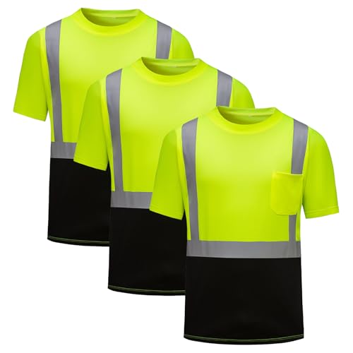DPSAFETY Hi Vis Safety Shirts，High Visibility T Shirts with Reflective Strips and Pocket, Quick Dry Mesh Construction Work Shirt for Men/Women Black Bottom Lime 3pk 3XL