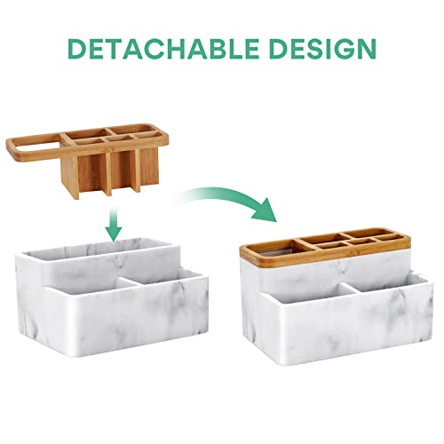 Bamboo Toothbrush Holder, Aimou Multifunctional Bathroom Organizer Countertop Storage, Marble Look Naturally Eco-Friendly Electric Toothbrush Toothpaste Caddy Stand For Bathroom Vanity #TOP2