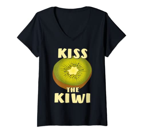 Damen KISS THE KIWI Frucht Obst Vitamine Vegan Kiwi T-Shirt mit V-Ausschnitt