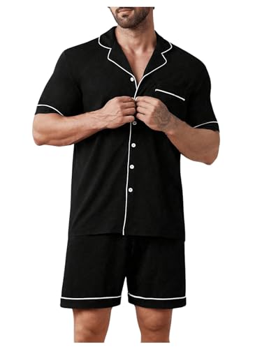 Verdusa Men's 2 Piece Button Up Short Sleeve Top and Short Sleepwear Pajama Sets