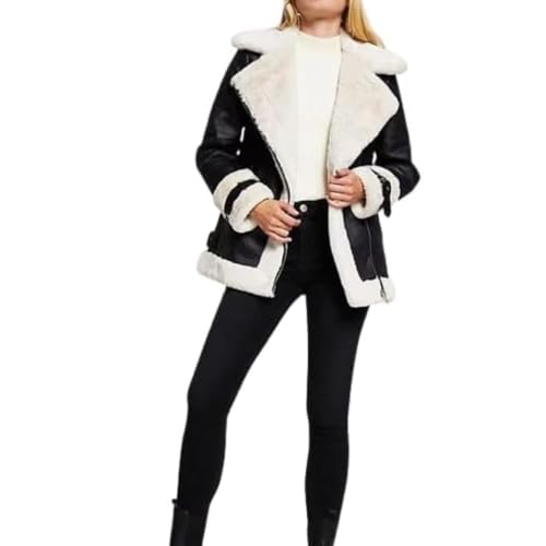 Women’s B3 RAF Aviator Flying Bomber Faux Fur Coat Lambskin Real Leather Jacket Black3