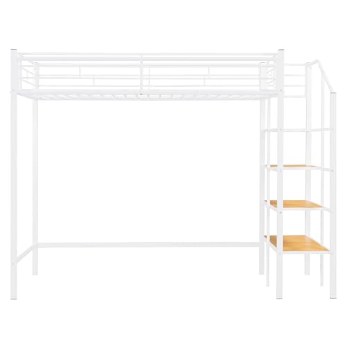 Image of Bellemave Twin Size loft Bed with Storage Stairs and Upper Grid Storage Shelf, Metal Twin Loft Bed Frame for Adults, Kids, Teens, White