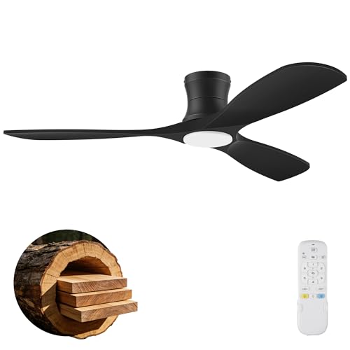 Image of 52In Low Profile Ceiling Fans with Lights,Flush Mount,Black,Outdoor Indoor | Wood,Quiet DC Motor,Hugger LED Remote Control Ceiling Fan for Modern Patio Bedroom Living Room,Dimmable,High CFM,3 Blade