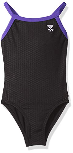 TYR Girls Hexa Diamondfit Swimsuit, Black/Purple, 24