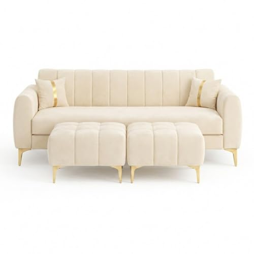 Image of Hermione 5 Seater L Shape Sofa Set with 2 Movable Ottoman | Flexible Left or Right Layout | Luxe Velvet Suede Fabric | Comfortable Seating | Modern Sofa for Living Room - Cream