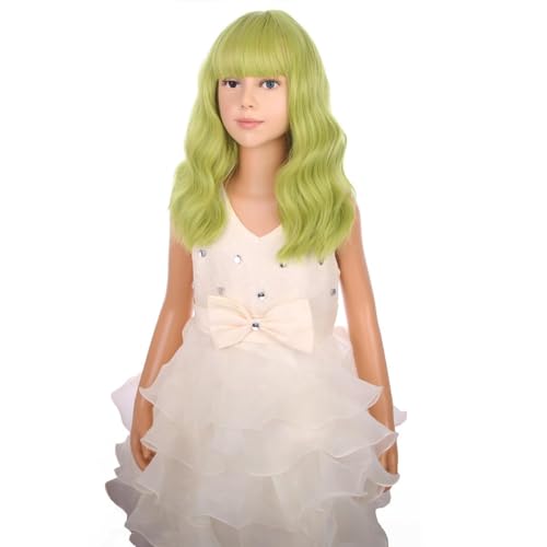 Image of PATTNIUM Olive Green Wig for Kids Child Short Curly Wavy Green Wig Matcha Green Wigs Girls Shoulder Length Synthetic Wigs