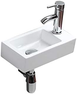 Wall Mounted Sinks, High Temperature Calcination Ceramic Handmade Small Size Rectangle Wash Basin Gloss White Simple and Elegant Modern Design for Bathroom, Cloakroom Toilet WC(Right Hand)