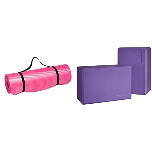 Image of AmazonBasics 13mm Extra Thick Yoga and Exercise Mat with Carrying Strap, Pink&AmazonBasics Foam Yoga Blocks - 4 x 9 x 6 Inches, Set of 2, Purple