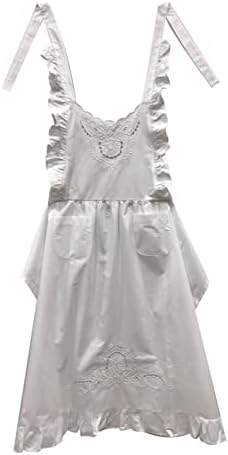Minhcraft White Cotton Beautiful Flower Embroidery Apron-Ruffles Full Length Bib Women Apron