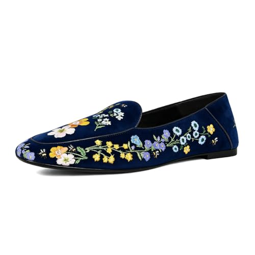 miss left Women Chic Embroidered Flower Comfy Slip on Flat Loafers 8 Blue