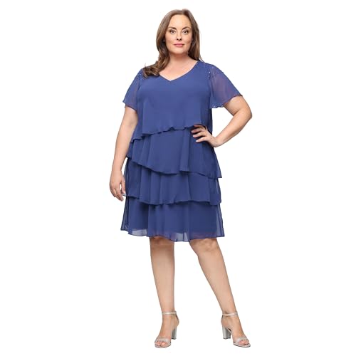 Image of S.L. Fashions Women's V-Neck Chiffon Cocktail Dress with Beaded Shoulders and Asymmetrical Tiers (Petite and Regular Sizes)