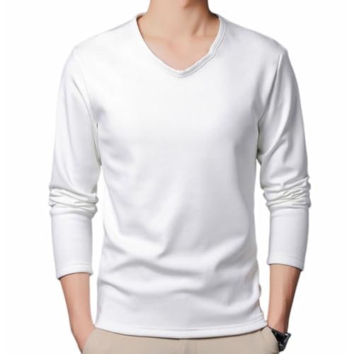 裏起毛 発熱 ヒートテック アンダーシャツ Tシャツ ロンT Vネック 肌着 インナーシャツ インナー 秋冬 保温 防寒着 極暖 丸首 クルーネック ストレッチ 冬用 インナー ジャージ メンズ ルームウェア 長袖 おしゃれ-XL||ホワイト（ｖネック）